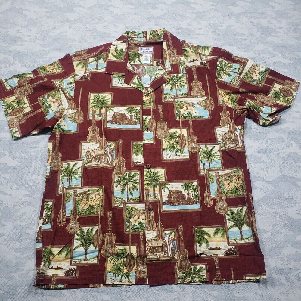 Hawaii Hawaiian Shirt Mens Large‎ Red Maroon Guitar Button Up Short Sleeve Aloha